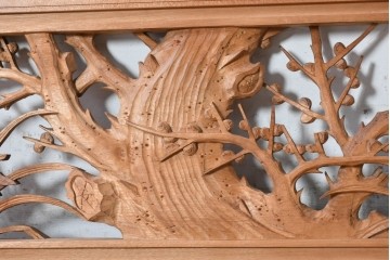 ヴィンテージ建具　昭和後期　井波彫刻　野村一集　四君子図の繊細な透かし彫りが見事な欄間2枚セット　(R-089197)