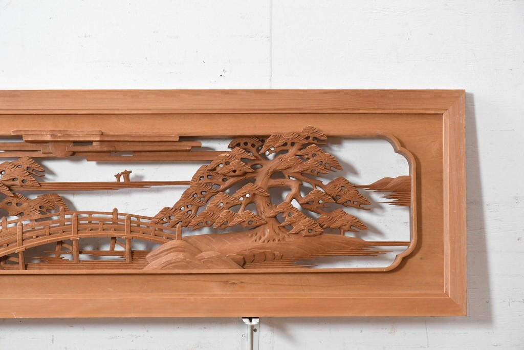 ヴィンテージ建具　昭和後期　井波彫刻　辰造作　近江八景図を巧みに表現した欄間2枚セット　(R-089200)