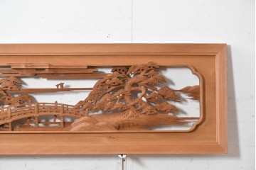 ヴィンテージ建具　昭和後期　井波彫刻　辰造作　近江八景図を巧みに表現した欄間2枚セット　(R-089200)