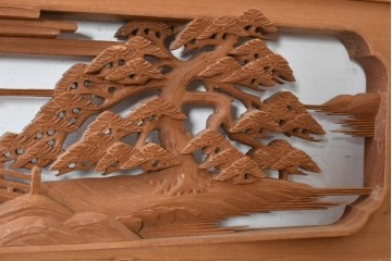 ヴィンテージ建具　昭和後期　井波彫刻　辰造作　近江八景図を巧みに表現した欄間2枚セット　(R-089200)