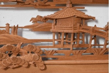 ヴィンテージ建具　昭和後期　井波彫刻　辰造作　近江八景図を巧みに表現した欄間2枚セット　(R-089200)