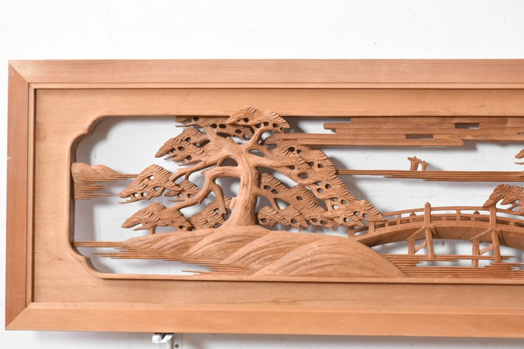 ヴィンテージ建具　昭和後期　井波彫刻　辰造作　近江八景図を巧みに表現した欄間2枚セット　(R-089200)