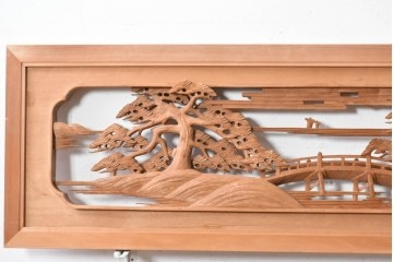 ヴィンテージ建具　昭和後期　井波彫刻　辰造作　近江八景図を巧みに表現した欄間2枚セット　(R-089200)