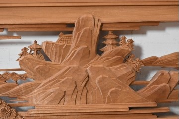 ヴィンテージ建具　昭和後期　井波彫刻　辰造作　近江八景図を巧みに表現した欄間2枚セット　(R-089200)