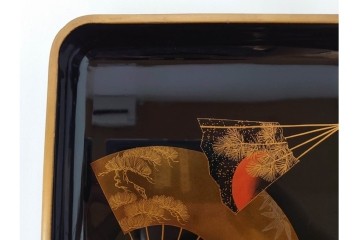 明治から大正期　時代物　木製　漆器　金銀蒔絵に梨地と扇面が華やかな盆2点セット　(R-089202)