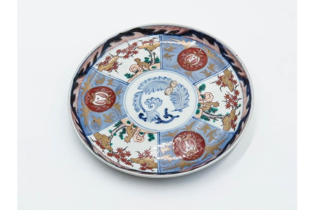 江戸期　古伊万里　染錦　直径約20cm(6.6寸)　鹿紅葉図が華やかな中皿　(R-089204)
