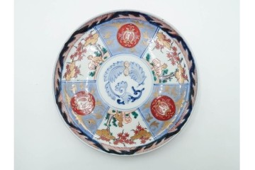 江戸期　古伊万里　染錦　直径約20cm(6.6寸)　鹿紅葉図が華やかな中皿　(R-089204)