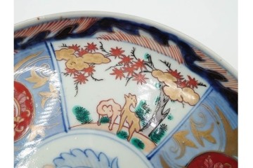 江戸期　古伊万里　染錦　直径約20cm(6.6寸)　鹿紅葉図が華やかな中皿　(R-089204)