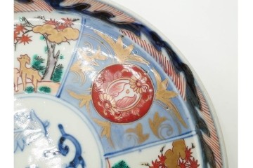 江戸期　古伊万里　染錦　直径約20cm(6.6寸)　鹿紅葉図が華やかな中皿　(R-089204)