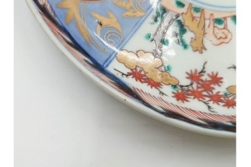 江戸期　古伊万里　染錦　直径約20cm(6.6寸)　鹿紅葉図が華やかな中皿　(R-089204)