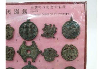 ヴィンテージ観光土産　韓国別銭の複製品　「李朝時代記念訟祝銭」　「李朝時代鑄貨概觀」　レプリカ古銭4点セット　(R-089206)