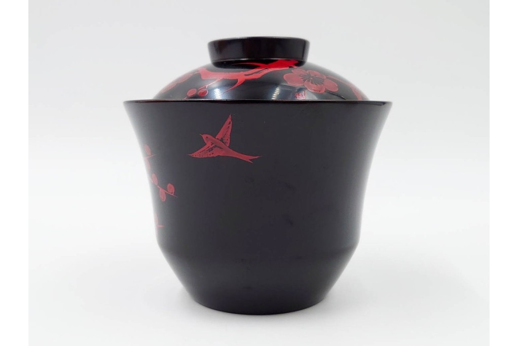 平安堂造　呉藤友乗作　木製　漆器　黒漆に朱漆の梅が映える小吸物椀5点セット　共箱付き　(R-089207)