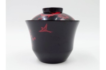 平安堂造　呉藤友乗作　木製　漆器　黒漆に朱漆の梅が映える小吸物椀5点セット　共箱付き　(R-089207)