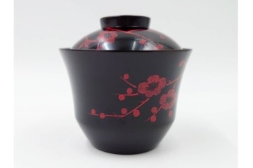 平安堂造　呉藤友乗作　木製　漆器　黒漆に朱漆の梅が映える小吸物椀5点セット　共箱付き　(R-089207)