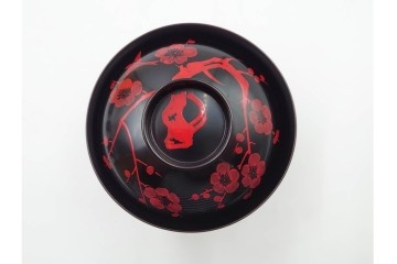 平安堂造　呉藤友乗作　木製　漆器　黒漆に朱漆の梅が映える小吸物椀5点セット　共箱付き　(R-089207)