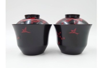 平安堂造　呉藤友乗作　木製　漆器　黒漆に朱漆の梅が映える小吸物椀5点セット　共箱付き　(R-089207)