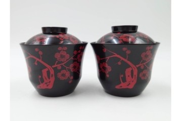 平安堂造　呉藤友乗作　木製　漆器　黒漆に朱漆の梅が映える小吸物椀5点セット　共箱付き　(R-089207)
