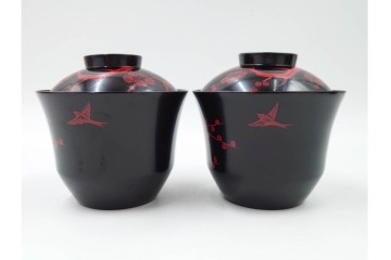 平安堂造　呉藤友乗作　木製　漆器　黒漆に朱漆の梅が映える小吸物椀5点セット　共箱付き　(R-089207)