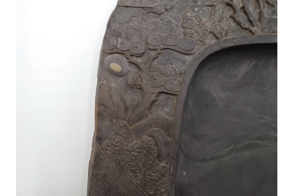 中国　唐物　楼閣松竹文が風雅な瑞渓硯　唐木蓋付き　(R-089220)