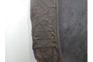 中国　唐物　楼閣松竹文が風雅な瑞渓硯　唐木蓋付き　(R-089220)