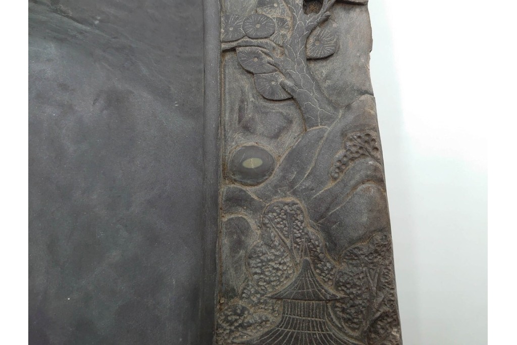 中国　唐物　楼閣松竹文が風雅な瑞渓硯　唐木蓋付き　(R-089220)