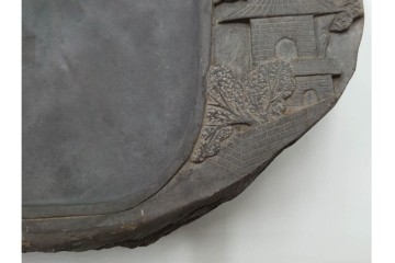 中国　唐物　楼閣松竹文が風雅な瑞渓硯　唐木蓋付き　(R-089220)