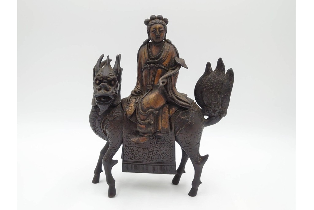 中国・唐物　古玩　古銅　麒麟に乗る人物香炉　(R-089227)