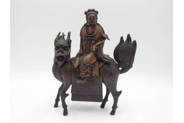 中国・唐物　古玩　古銅　麒麟に乗る人物香炉　(R-089227)
