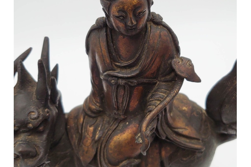 中国・唐物　古玩　古銅　麒麟に乗る人物香炉　(R-089227)
