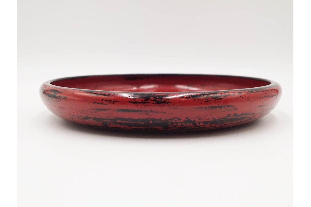 時代物　根来塗　木製漆器　使い込まれた風合いが趣深い丸盆　(R-089228)