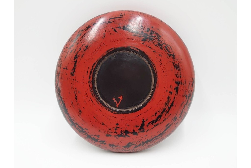 時代物　根来塗　木製漆器　使い込まれた風合いが趣深い丸盆　(R-089228)