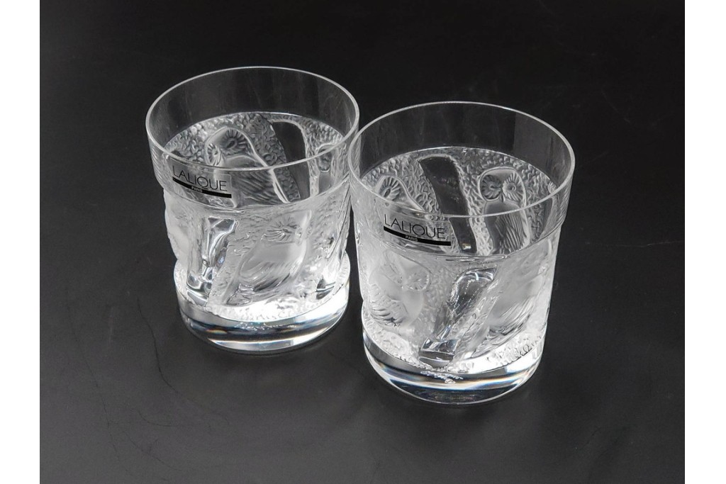 フランス　LALIQUE(ラリック)　ユロット　ふくろうモチーフが目を引くタンブラー2客セット　(R-089236)