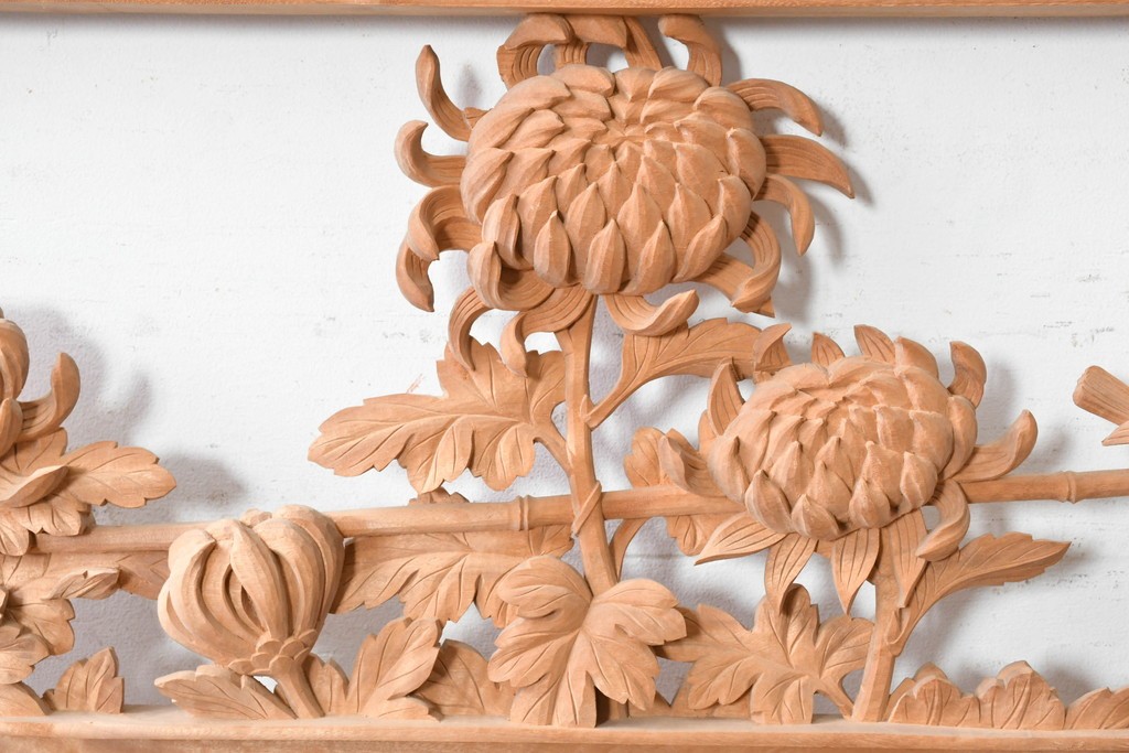 ヴィンテージ建具　昭和後期　井波彫刻　名工 横山一夢作　花鳥図を優美に表現した欄間2枚セット　(R-089241)