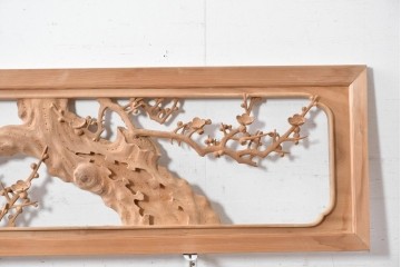 ヴィンテージ建具　昭和後期　井波彫刻　名工 横山一夢作　梅に雀が遊ぶ欄間2枚セット　(R-089242)