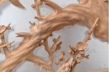 ヴィンテージ建具　昭和後期　井波彫刻　名工 横山一夢作　梅に雀が遊ぶ欄間2枚セット　(R-089242)