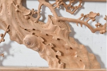 ヴィンテージ建具　昭和後期　井波彫刻　名工 横山一夢作　梅に雀が遊ぶ欄間2枚セット　(R-089242)