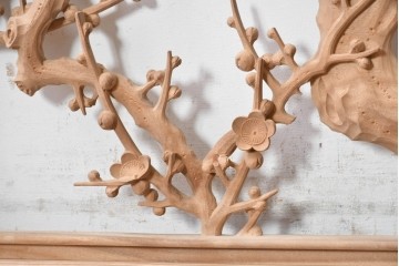 ヴィンテージ建具　昭和後期　井波彫刻　名工 横山一夢作　梅に雀が遊ぶ欄間2枚セット　(R-089242)