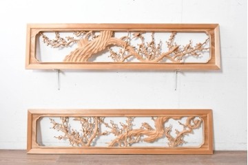 ヴィンテージ建具　昭和後期　井波彫刻　名工 横山一夢作　梅に雀が遊ぶ欄間2枚セット　(R-089242)