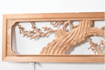 ヴィンテージ建具　昭和後期　井波彫刻　名工 横山一夢作　梅に雀が遊ぶ欄間2枚セット　(R-089242)