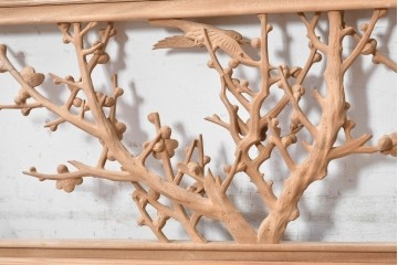ヴィンテージ建具　昭和後期　井波彫刻　名工 横山一夢作　梅に雀が遊ぶ欄間2枚セット　(R-089242)