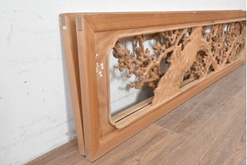 ヴィンテージ建具　昭和後期　井波彫刻　名工 横山一夢作　梅に雀が遊ぶ欄間2枚セット　(R-089242)