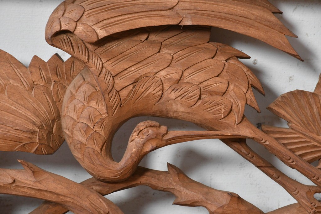 ヴィンテージ建具　昭和後期　井波彫刻　光月作　松に鶴図を格調高く彫り表した欄間2枚セット　(R-089244)