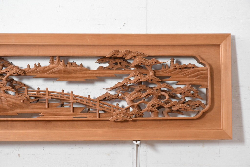 ヴィンテージ建具　昭和後期　井波彫刻　名工 横山一夢作　近江八景図を精緻に彫り上げた欄間2枚セット　(R-089246)