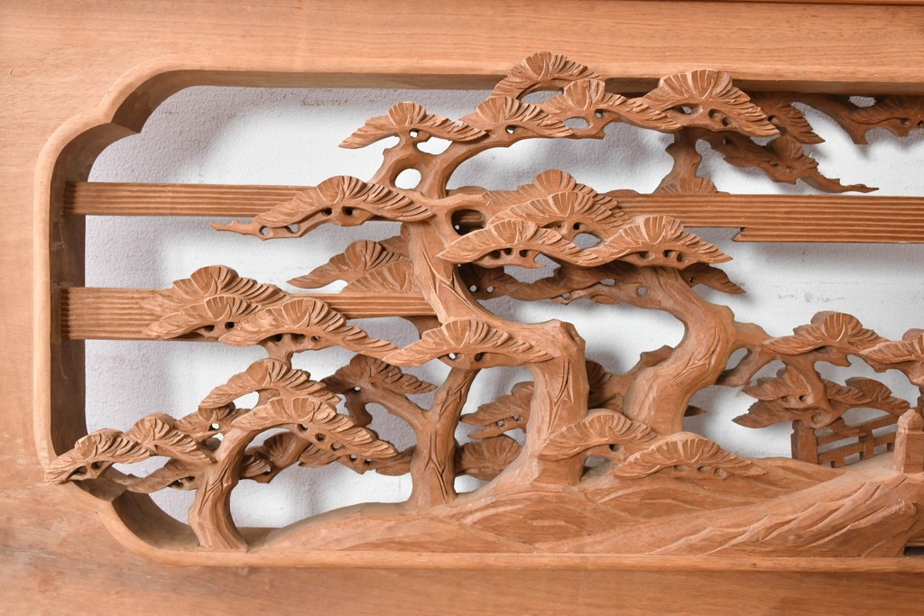 ヴィンテージ建具　昭和後期　井波彫刻　名工 横山一夢作　近江八景図を精緻に彫り上げた欄間2枚セット　(R-089246)