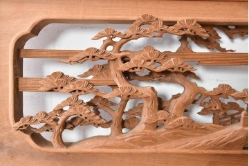 ヴィンテージ建具　昭和後期　井波彫刻　名工 横山一夢作　近江八景図を精緻に彫り上げた欄間2枚セット　(R-089246)