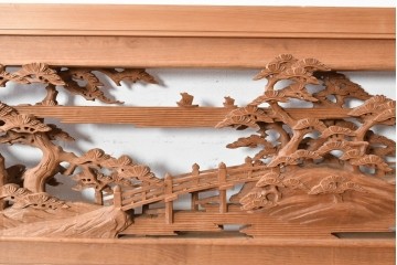 ヴィンテージ建具　昭和後期　井波彫刻　名工 横山一夢作　近江八景図を精緻に彫り上げた欄間2枚セット　(R-089246)