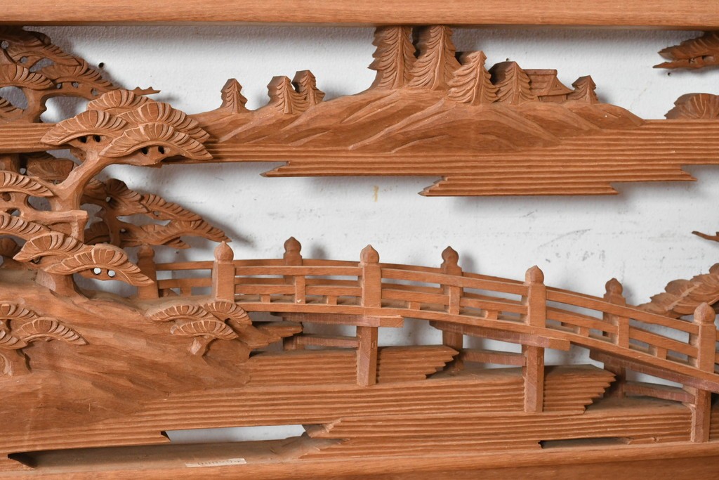 ヴィンテージ建具　昭和後期　井波彫刻　名工 横山一夢作　近江八景図を精緻に彫り上げた欄間2枚セット　(R-089246)