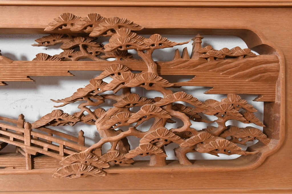 ヴィンテージ建具　昭和後期　井波彫刻　名工 横山一夢作　近江八景図を精緻に彫り上げた欄間2枚セット　(R-089246)