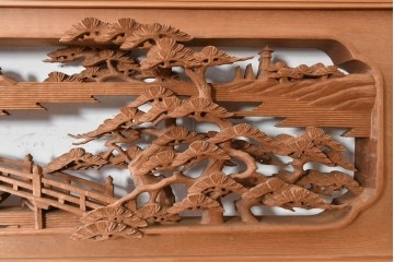 ヴィンテージ建具　昭和後期　井波彫刻　名工 横山一夢作　近江八景図を精緻に彫り上げた欄間2枚セット　(R-089246)