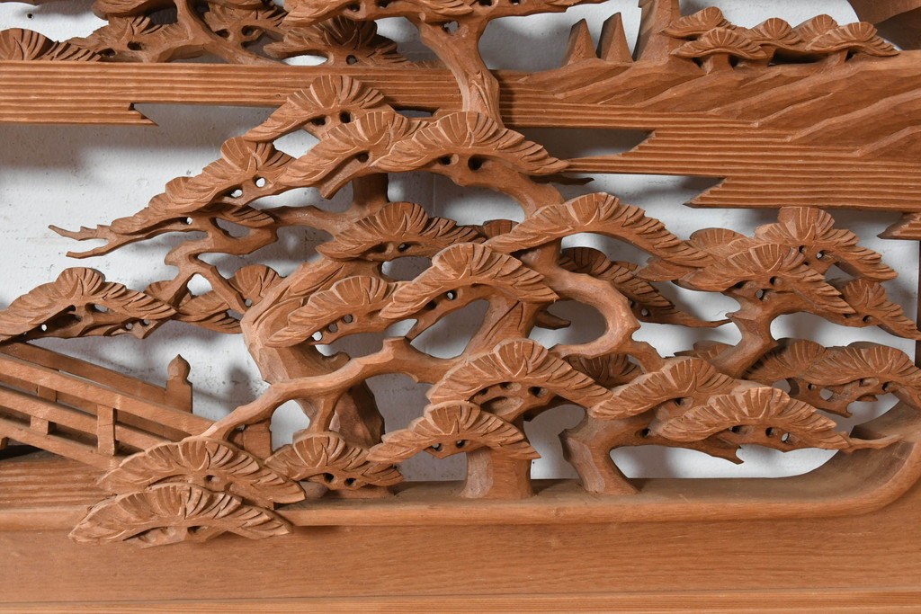 ヴィンテージ建具　昭和後期　井波彫刻　名工 横山一夢作　近江八景図を精緻に彫り上げた欄間2枚セット　(R-089246)